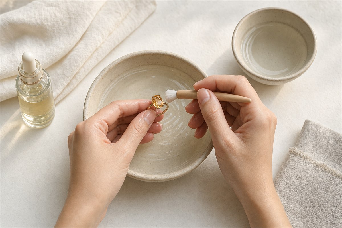 Hands gently cleaning a citrine ring with warm water, mild soap, a soft brush, and a cotton cloth