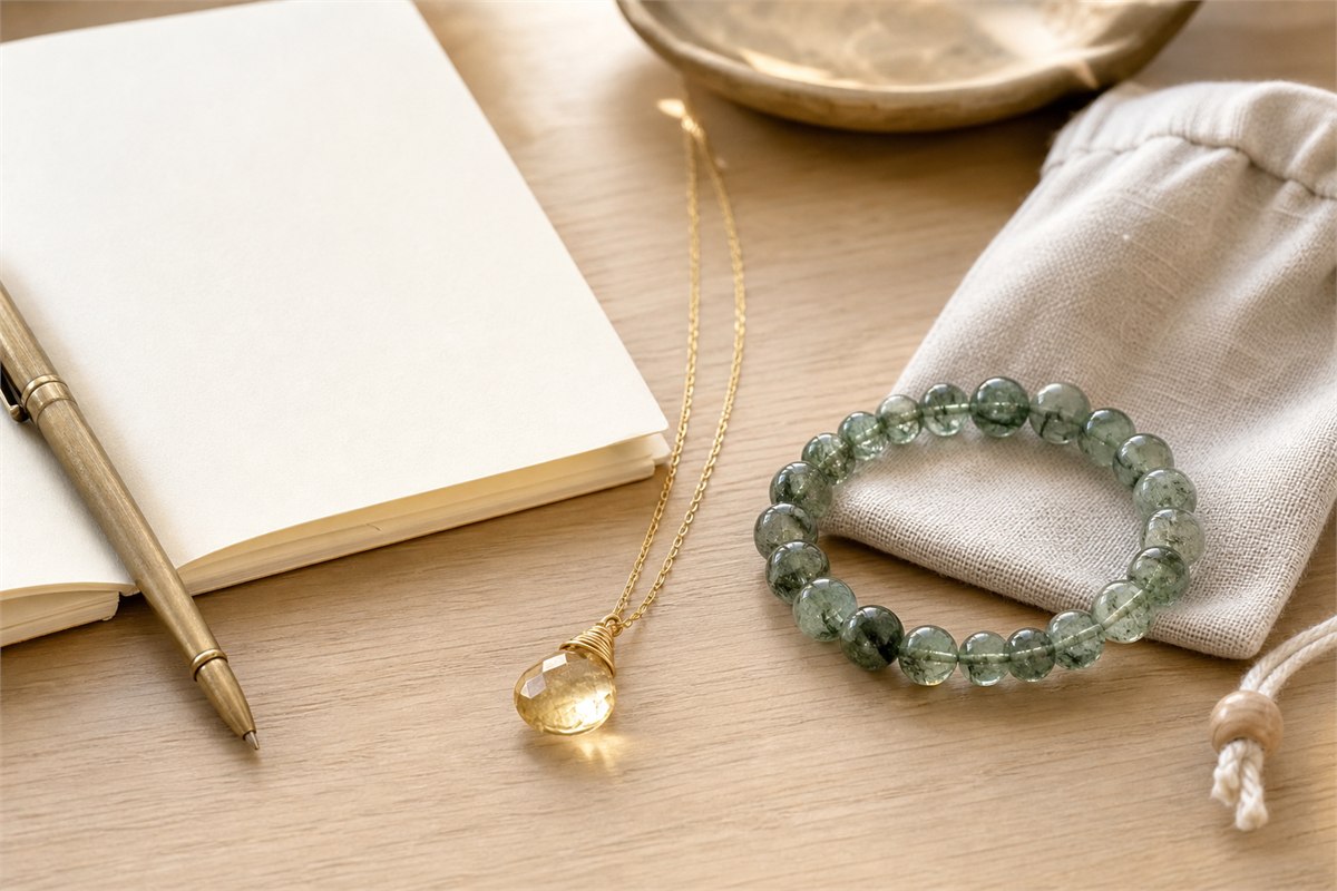 Citrine and green phantom quartz gifts beside a blank planner and understated brass pen on a work desk