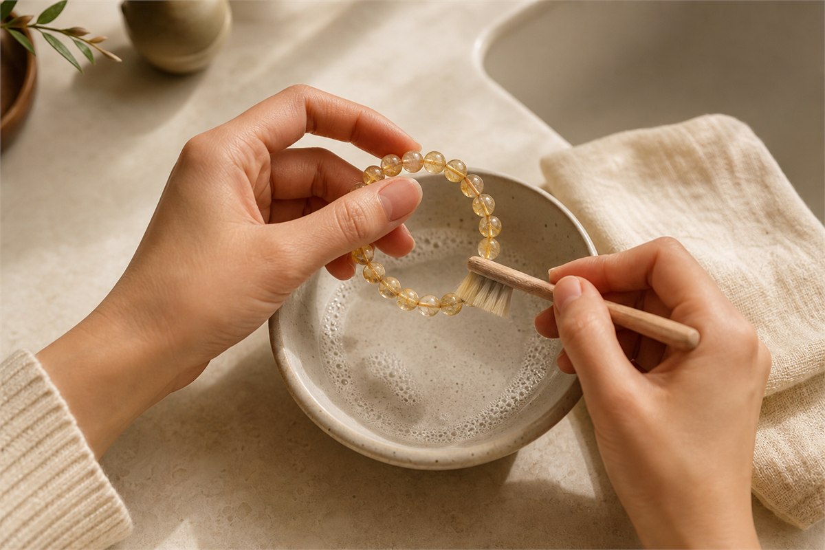 Hands cleaning a citrine bracelet with a soft brush, mild soapy water and lint-free cloth