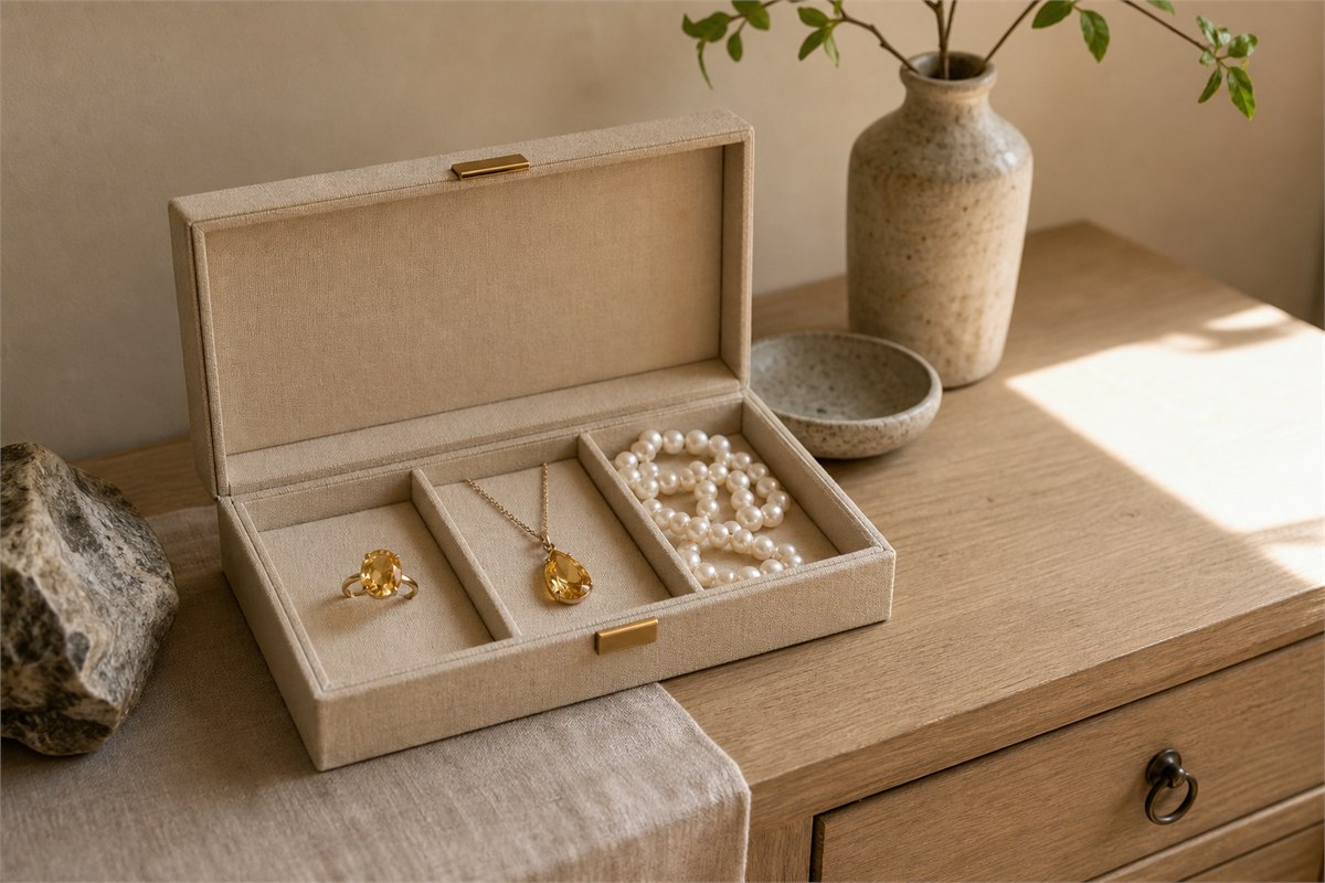Citrine ring and pendant stored in separate soft compartments in shade beside a bright window