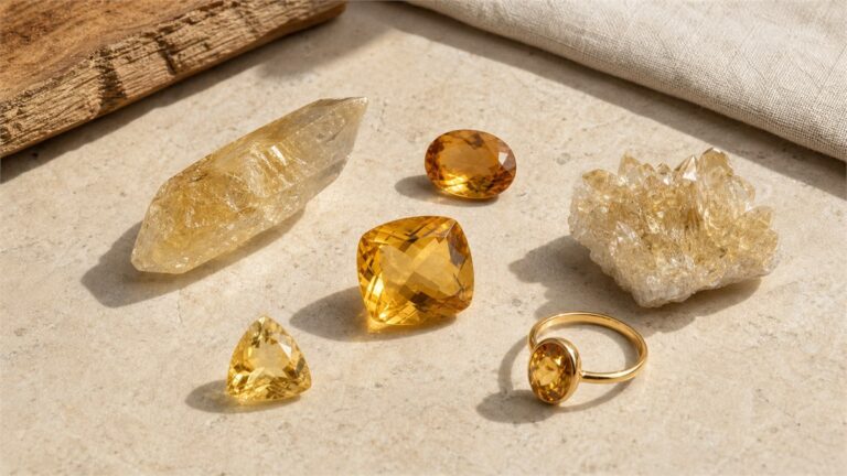 Natural-looking yellow quartz crystal, faceted citrine stones, a citrine ring, and a small quartz cluster on a warm neutral surface