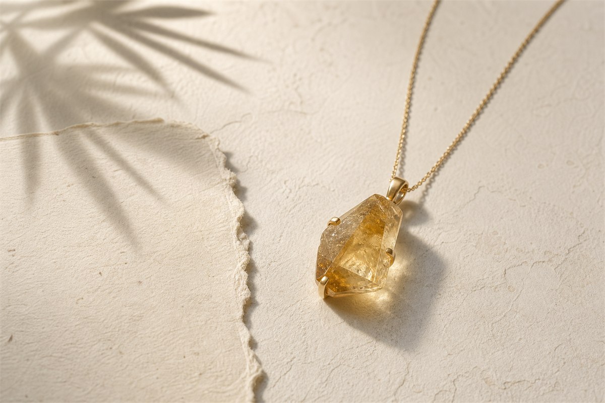 Golden citrine pendant in soft morning window light on a warm ivory surface with a subtle leaf shadow