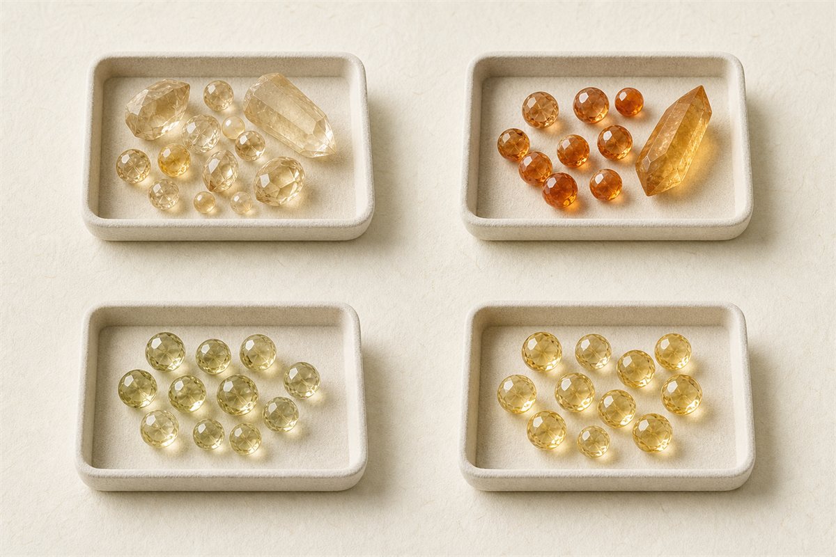 Four separate groups of pale, orange, greenish-yellow and clean yellow quartz specimens on neutral trays
