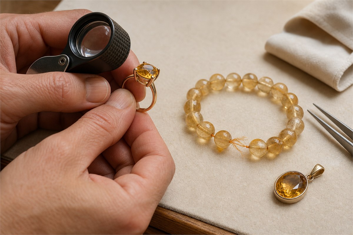 Hand inspecting citrine ring prongs with a loupe beside a bracelet with frayed elastic and a pendant clasp