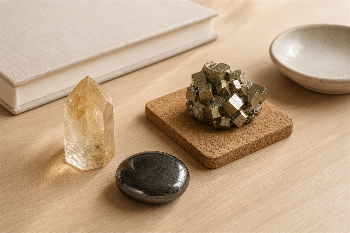 Pale honey citrine quartz, metallic cubic pyrite, and polished steel-gray hematite on a warm desk