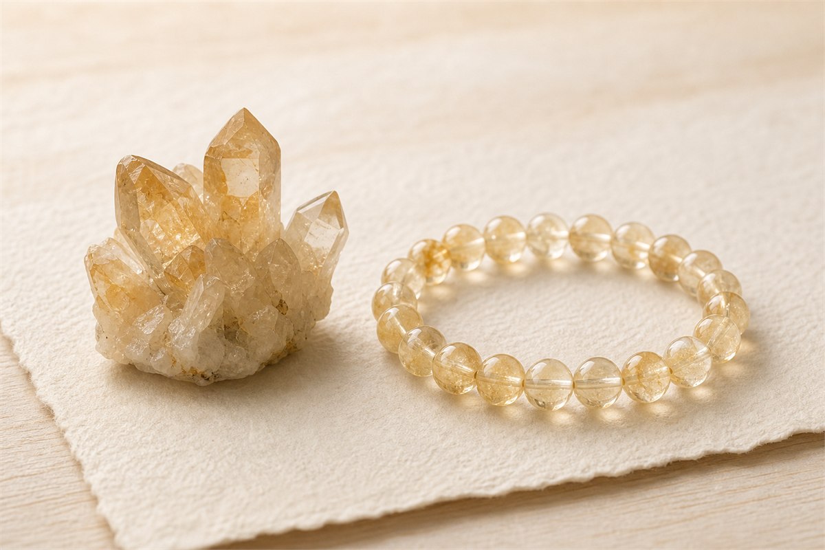 Raw yellow quartz crystals beside a polished citrine bead bracelet in soft daylight