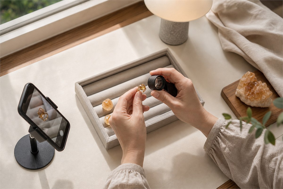Hands examining a citrine ring with a loupe and smartphone under neutral light on a soft jewelry tray