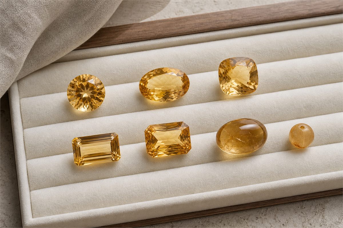 Round, oval, cushion, emerald, radiant, cabochon, and bead forms of golden citrine on an ivory gem tray