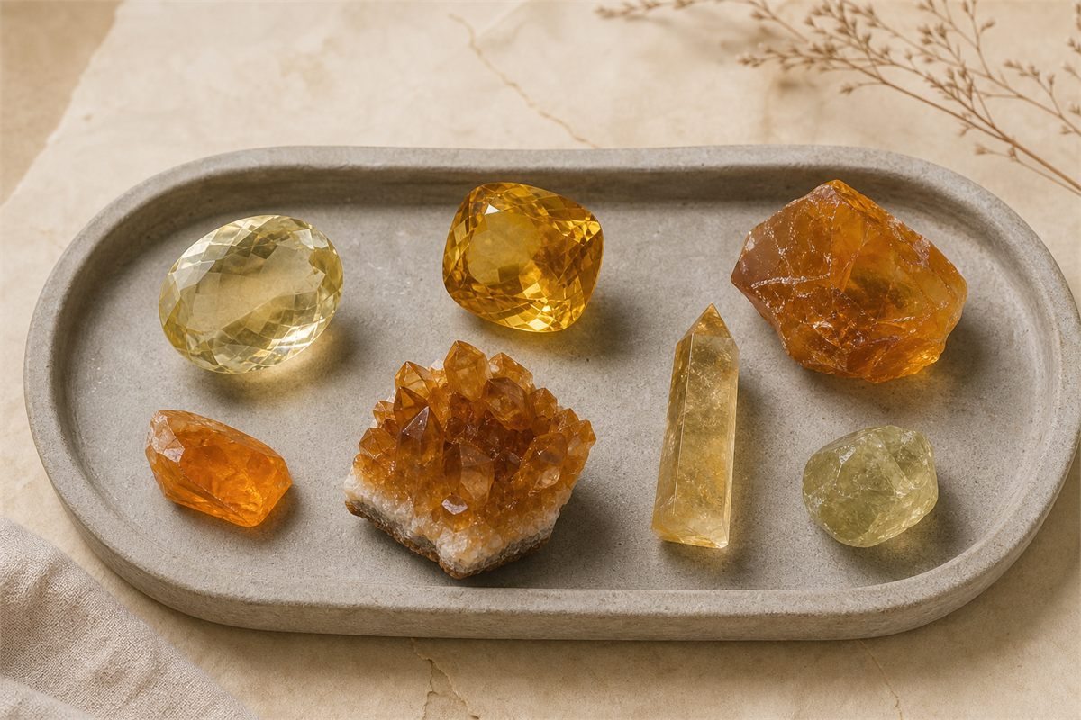 Assortment of yellow, golden, orange, brownish-orange and yellow-green quartz in faceted, cluster and carved forms