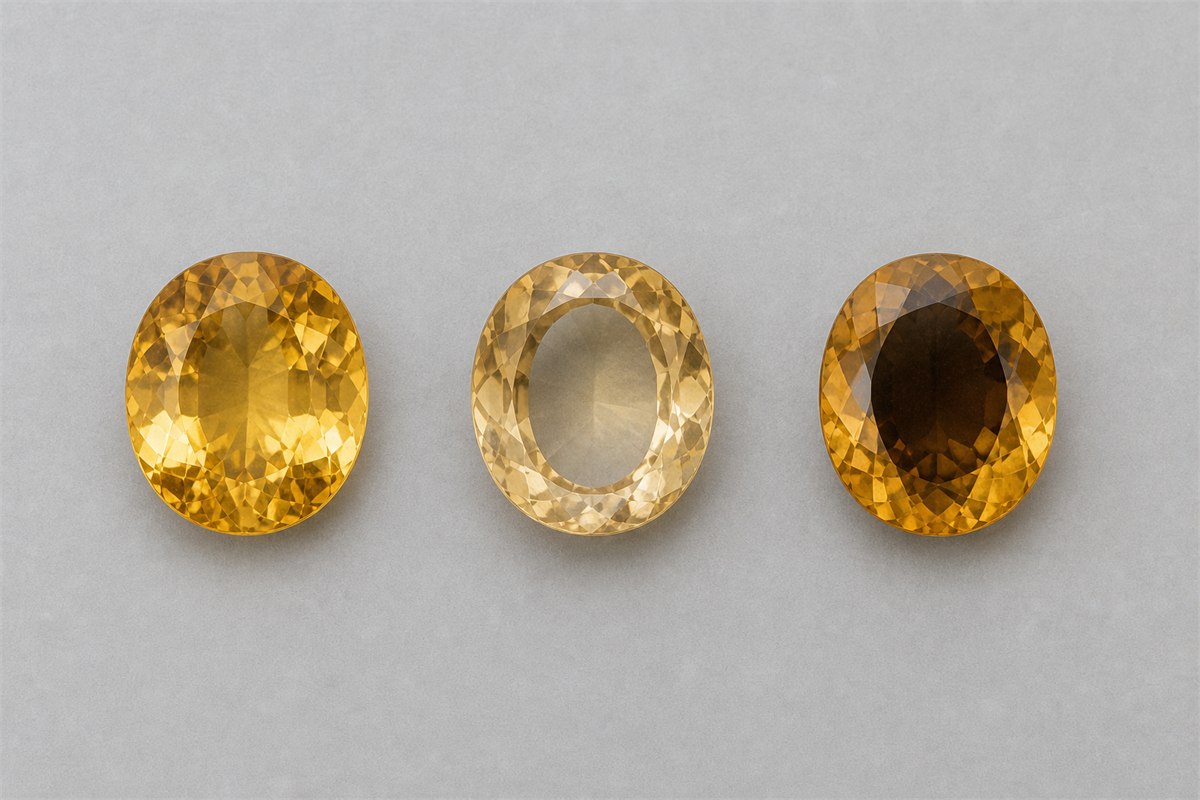 Three face-up oval citrine stones showing balanced brightness, a transparent central window, and a dark extinction area