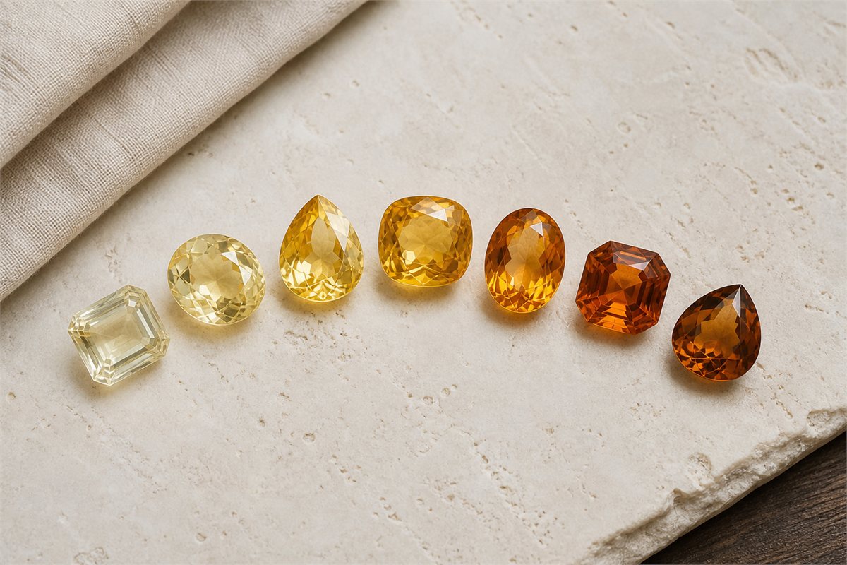 Seven faceted citrine stones showing pale yellow, golden, orange, reddish-orange and brownish-orange colors