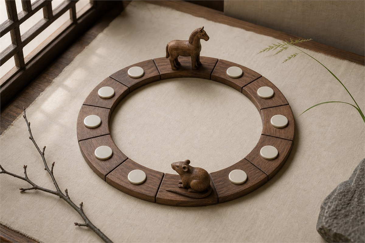Small rat and horse figures placed opposite on a twelve-position year circle