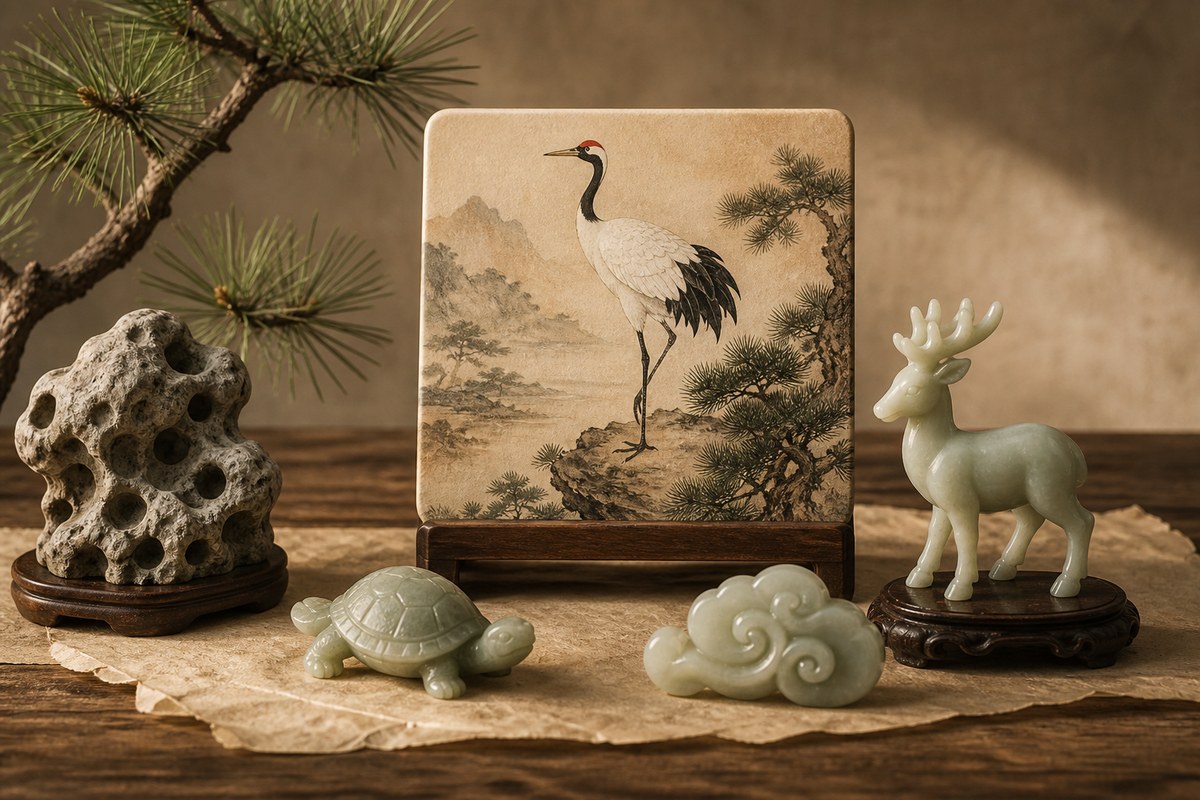 Crane motif with pine, turtle, deer, cloud, and court rock symbols
