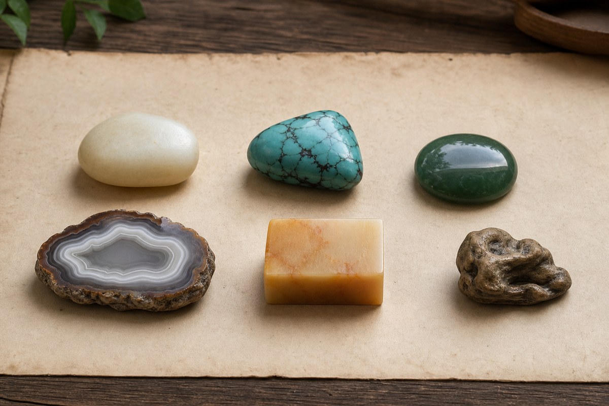 Hetian-jade-like pebble, turquoise, jadeite-like cabochon, banded agate, Shoushan-stone-like blank, and scholar stone samples
