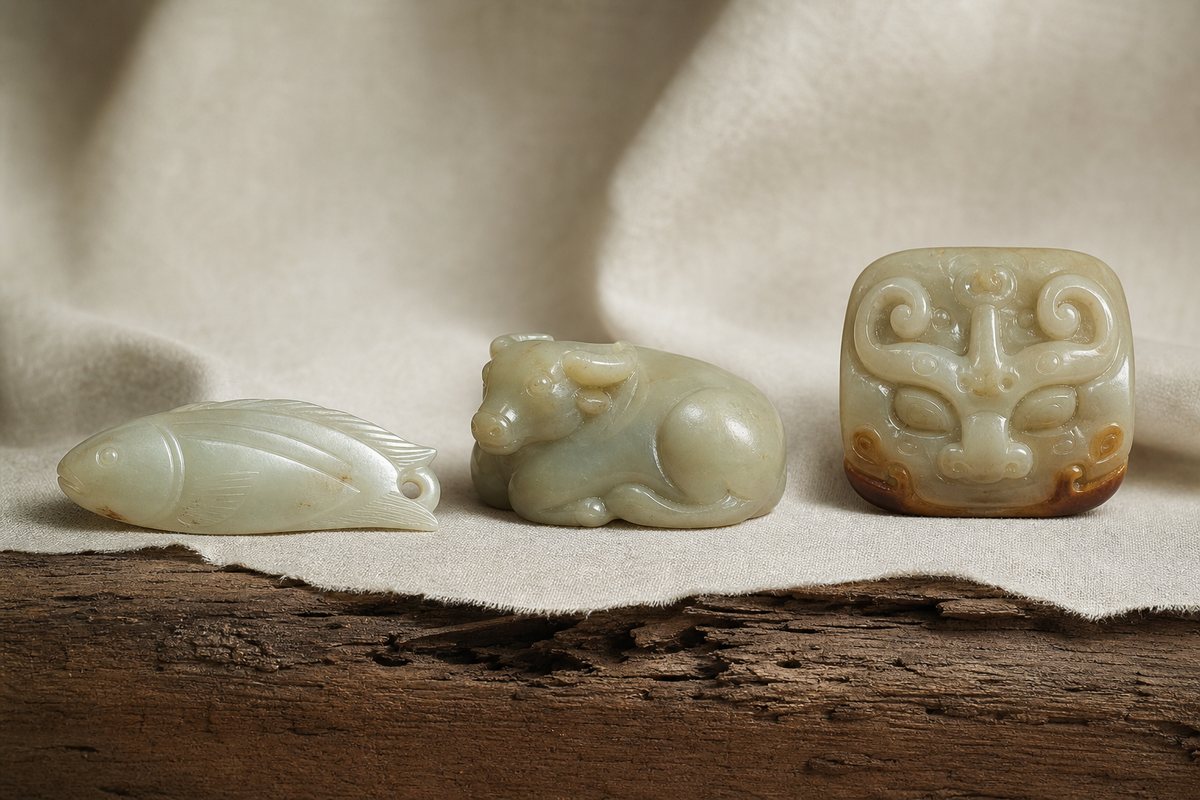 Small material-led jade study pieces including a fish-shaped pendant, reclining ox-like carving, and beast-mask-inspired plaque