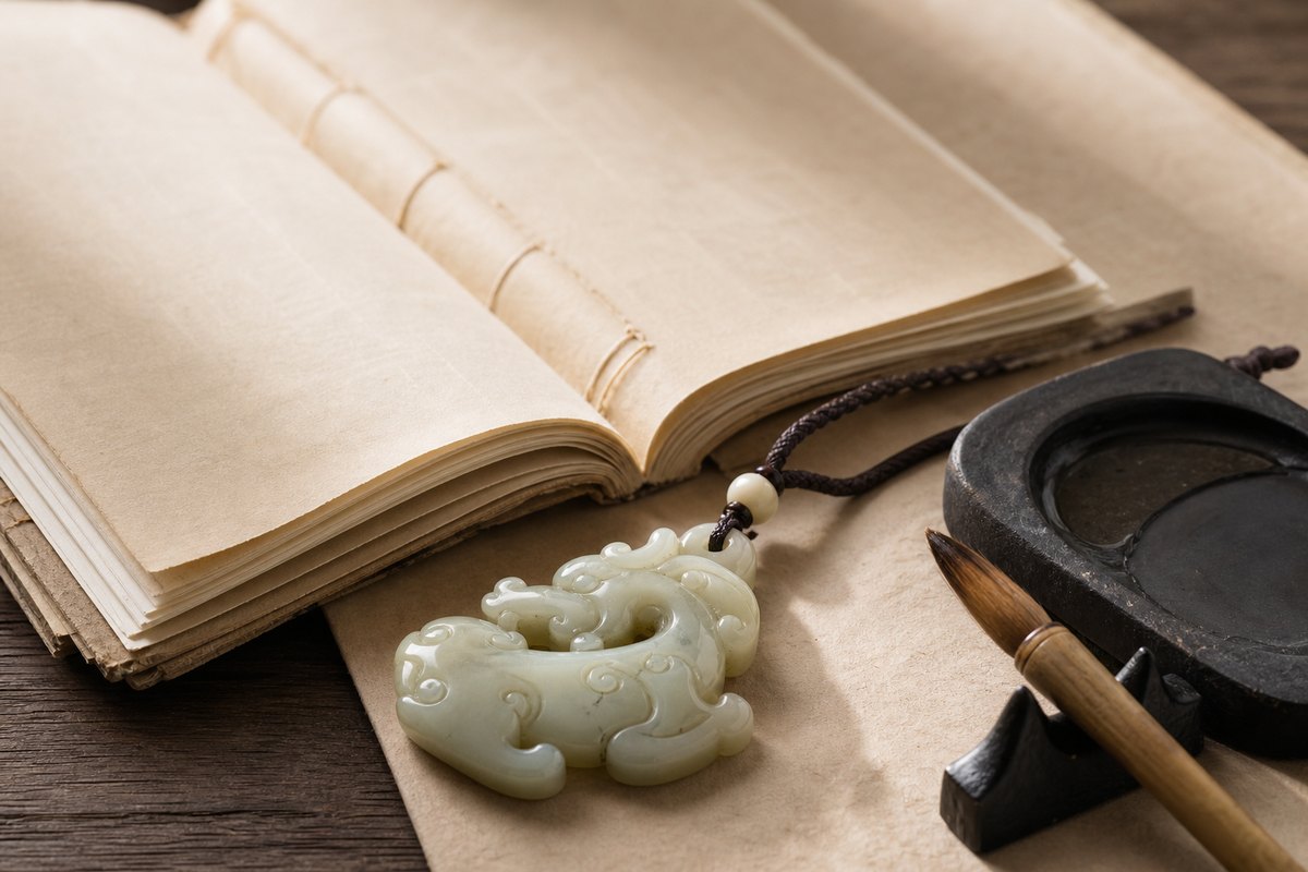 Chilong (螭龙) jade pendant beside parchment, brush, and inkstone as a classical reference still-life