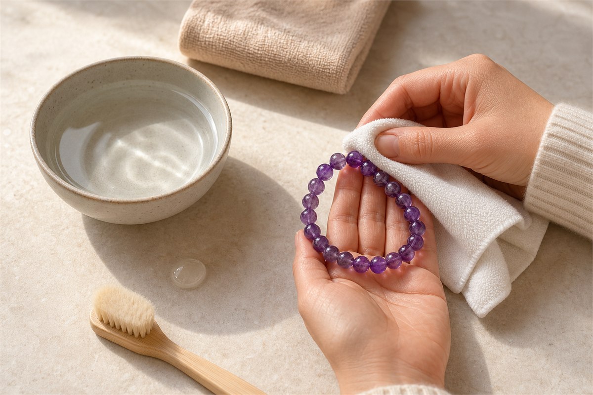 Hands gently wiping an amethyst bracelet beside warm water a soft brush and towels
