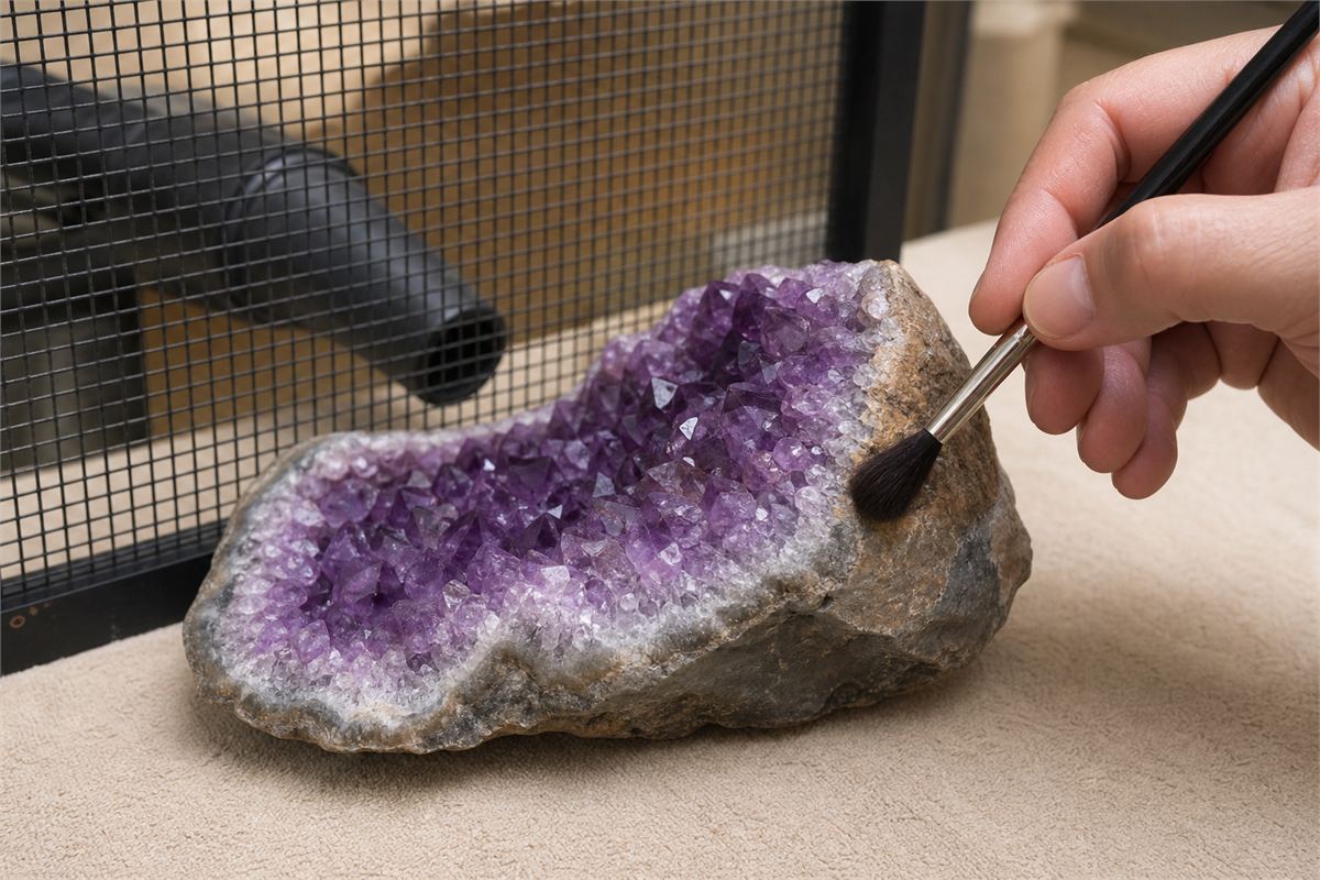 Soft brush and low-suction vacuum with mesh cleaning dust from an amethyst geode