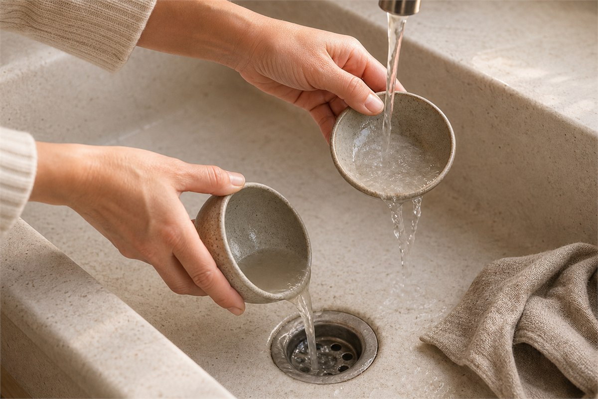 Two hands emptying utility bowls into a sink drain and rinsing the containers under running water