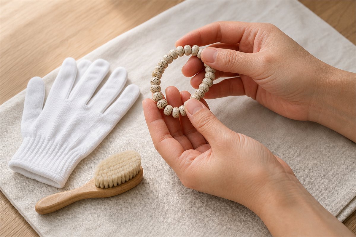 Clean dry hands holding a Xingyue Bodhi bracelet beside a cotton glove and soft brush