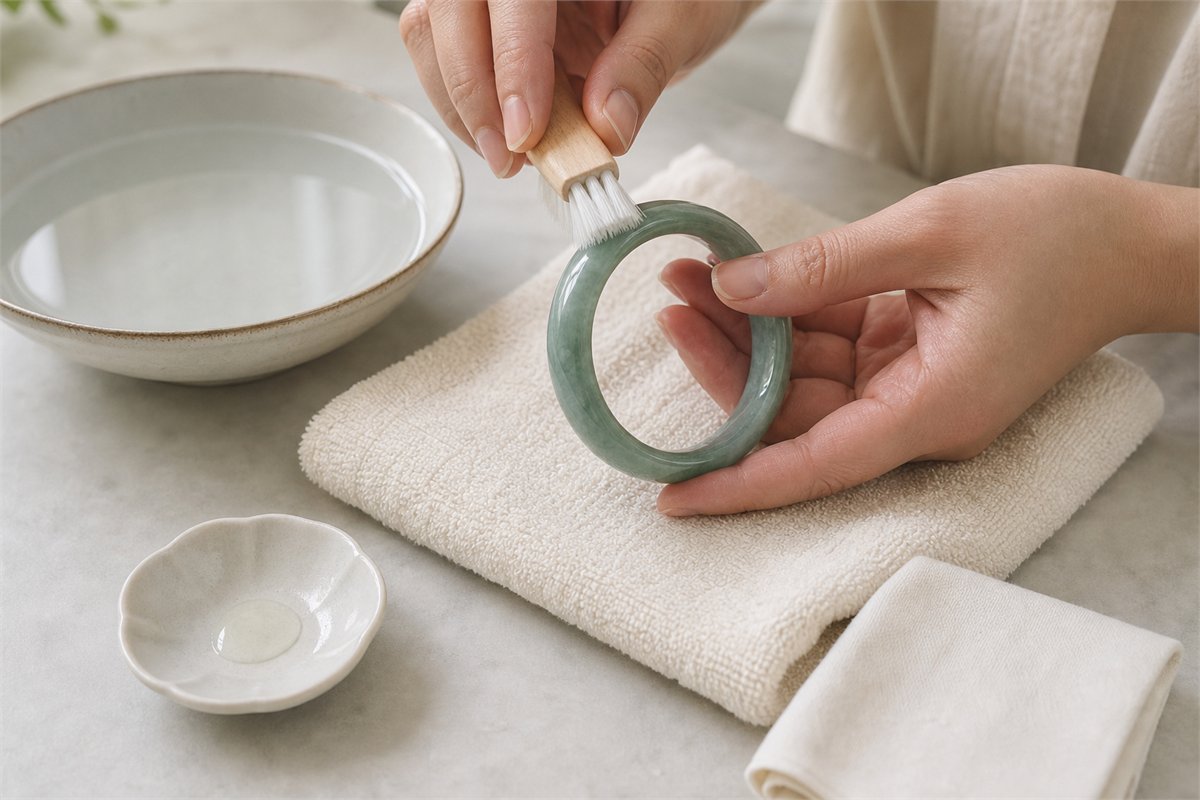 Hands cleaning a green jade bangle with warm water, mild soap, and a soft brush