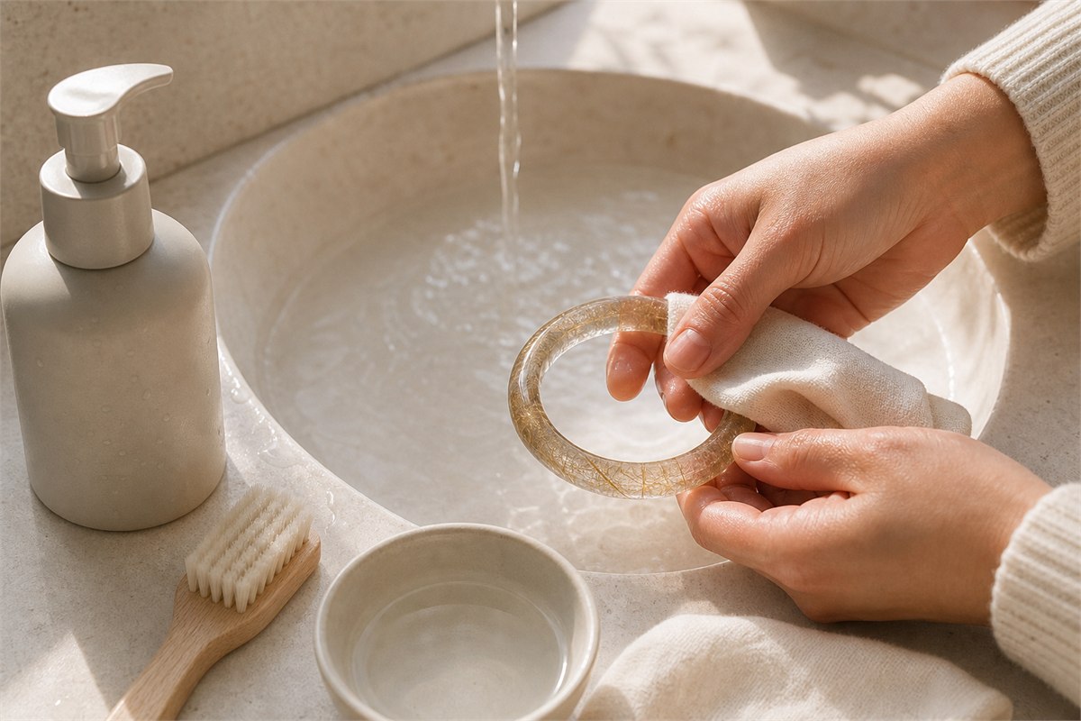 Hands cleaning a closed rutilated quartz bangle with warm water, mild soap, a soft brush, and cloth