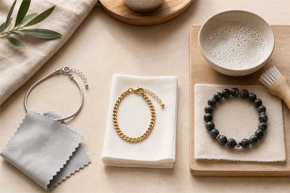 Separate care areas for a silver-tone bracelet, gold-tone chain and dark stone bead bracelet