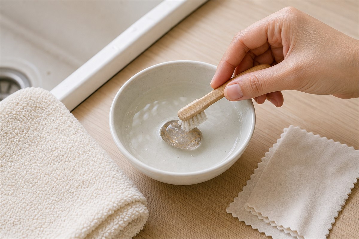 Hand gently cleaning untreated rutilated quartz with a soft brush in lukewarm water beside lint-free cloths
