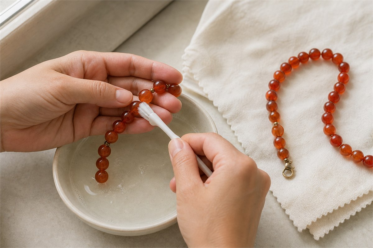 Hands gently cleaning a carnelian strand with warm water, a soft brush, and an ivory drying cloth