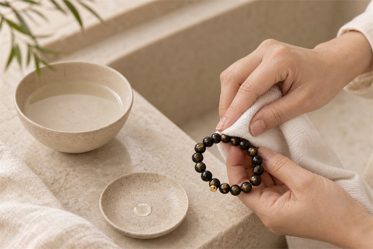 Gold sheen obsidian bracelet cleaned gently with lukewarm water, mild soap, and a soft cloth