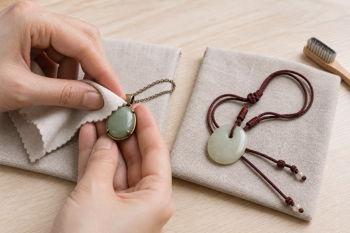Hands wiping a mounted jadeite pendant while a nephrite cord pendant dries flat on a separate linen pad