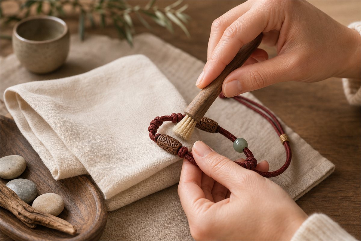 Dry soft brush cleaning dust from a carved olive-pit bracelet over an ivory cloth