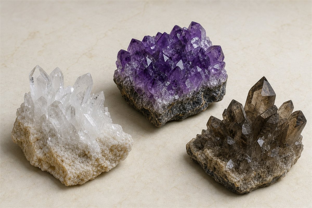 Clear quartz, purple amethyst, and smoky quartz clusters displayed as separate natural specimens