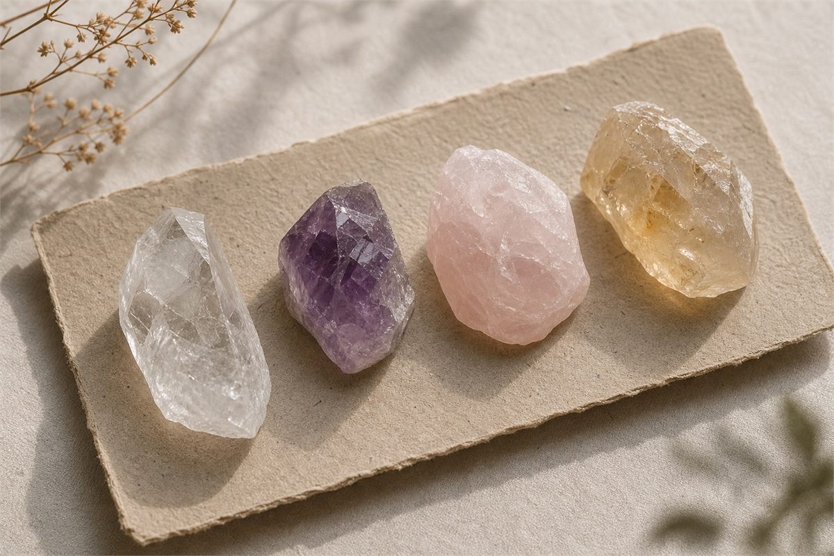 Natural clear quartz, amethyst, rose quartz, and citrine specimens with varied translucency on warm paper