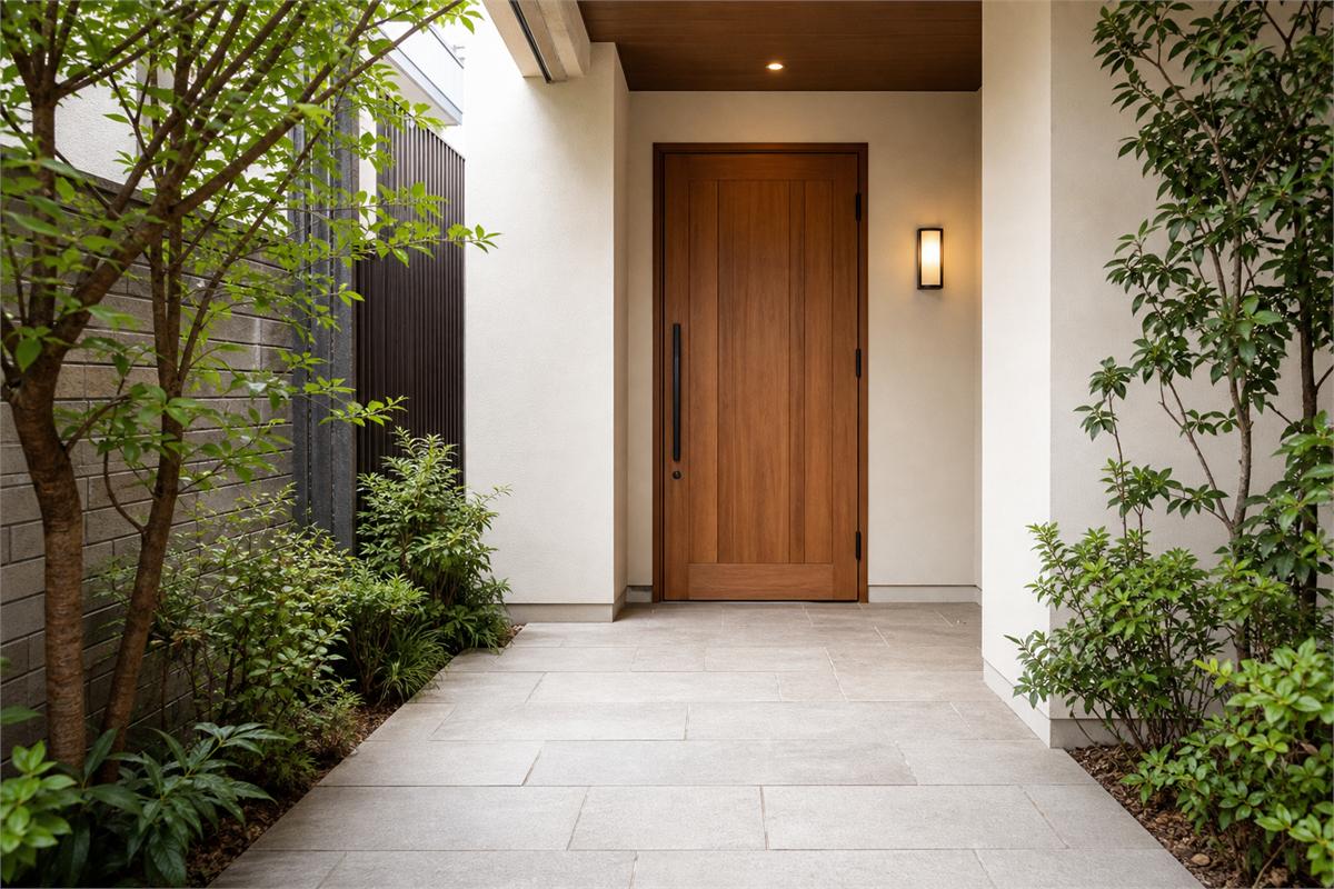Uncluttered sheltered approach to a visible wood front door with a stable walking surface and open landing