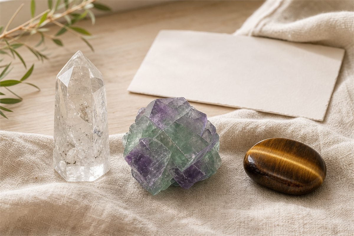 Transparent clear quartz point, green-purple cubic fluorite, and polished tiger’s eye with a chatoyant band