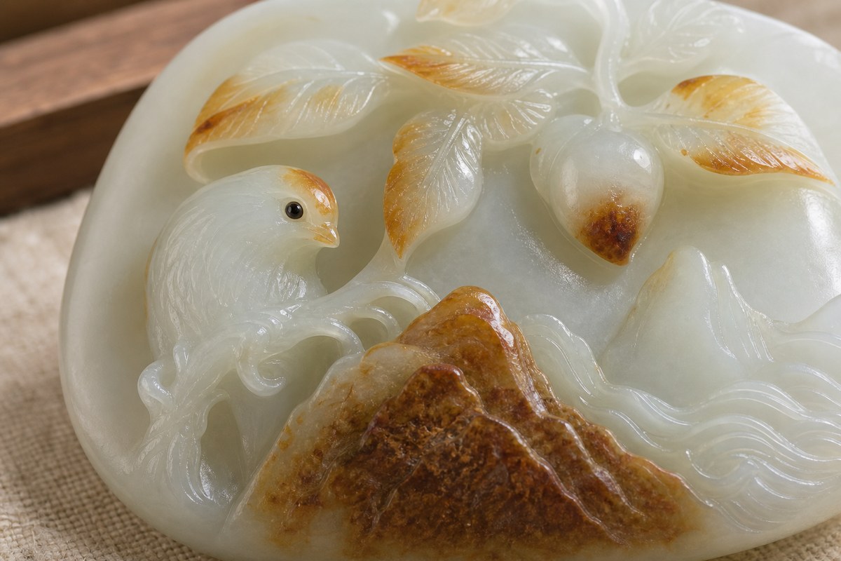 Clever color jade carving detail with natural color placed in eyes, fruit, leaves, and mountain foreground