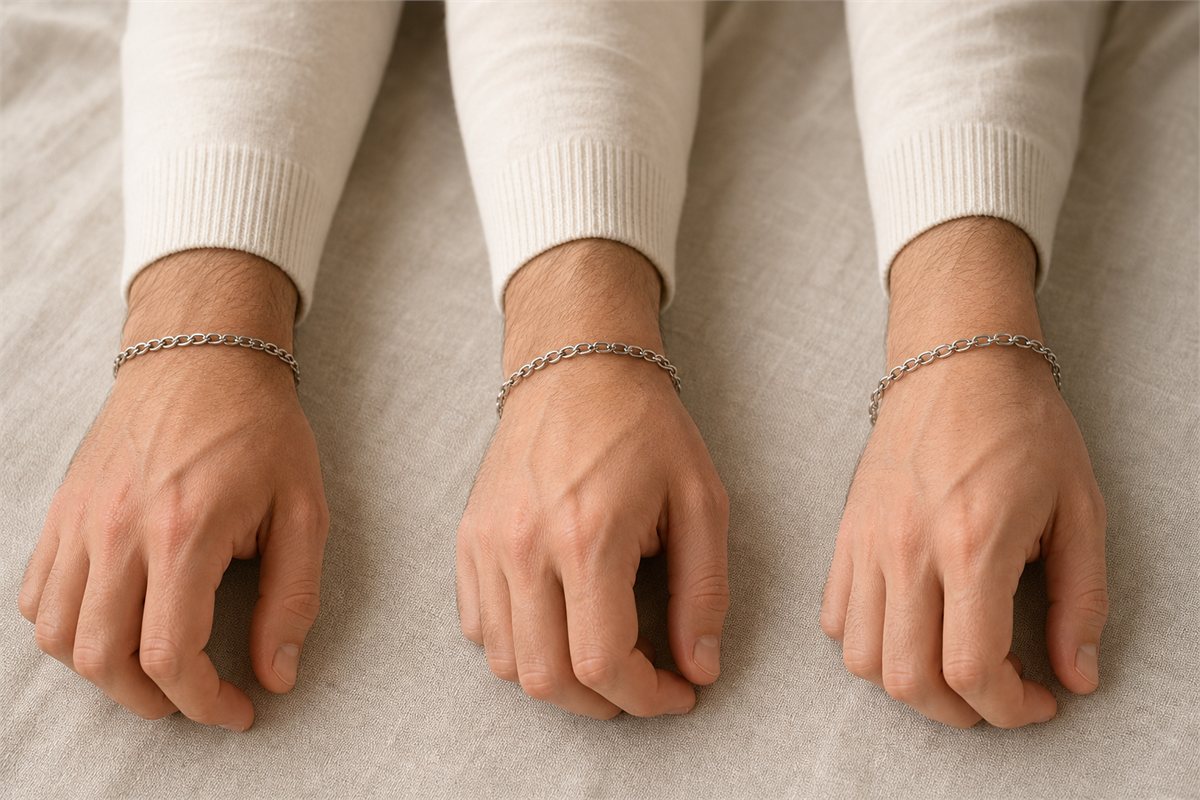 Three men’s wrists wearing matching chain bracelets with different amounts of movement