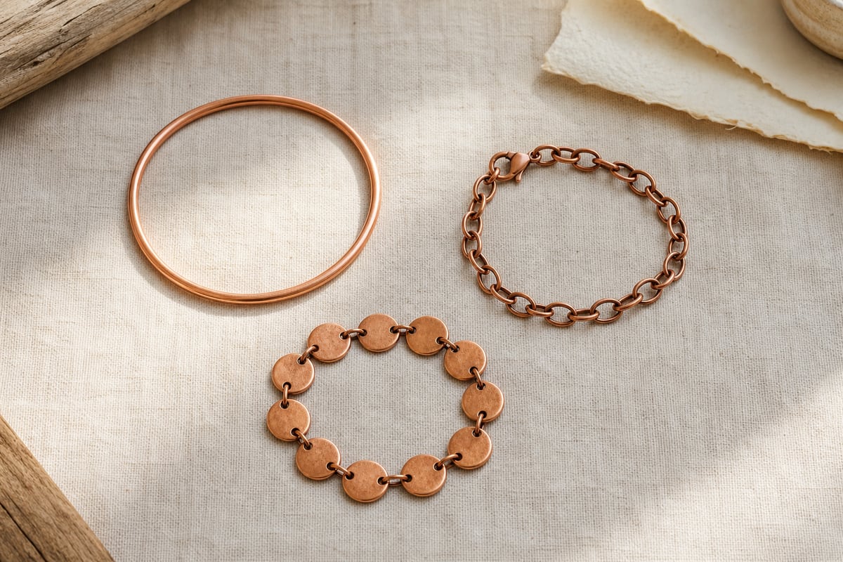 Seamless copper bangle, clasped copper chain, and bracelet of plain round copper links