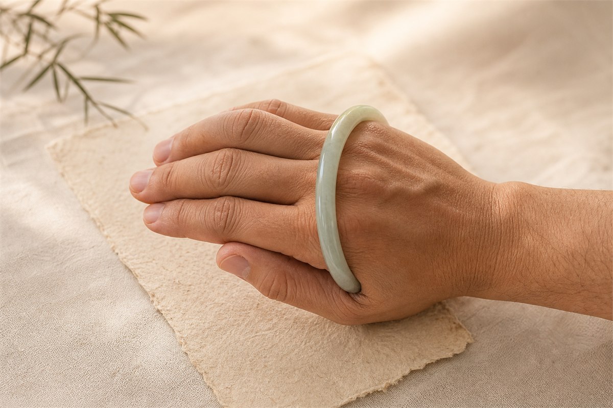 Pale jade bangle passing over a man’s compressed knuckles with the thumb folded toward the palm