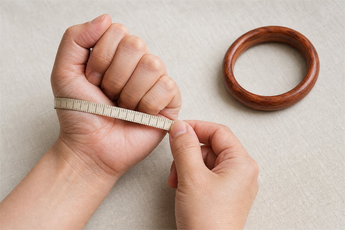Compressed hand measured across the widest knuckle area with a flexible tape beside a wooden bangle