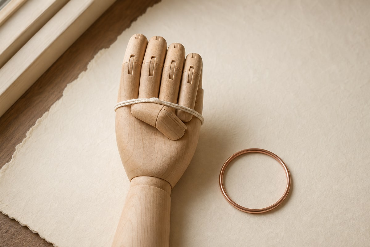 Wooden hand model with thumb folded inward and cord around the knuckles beside a closed copper bangle