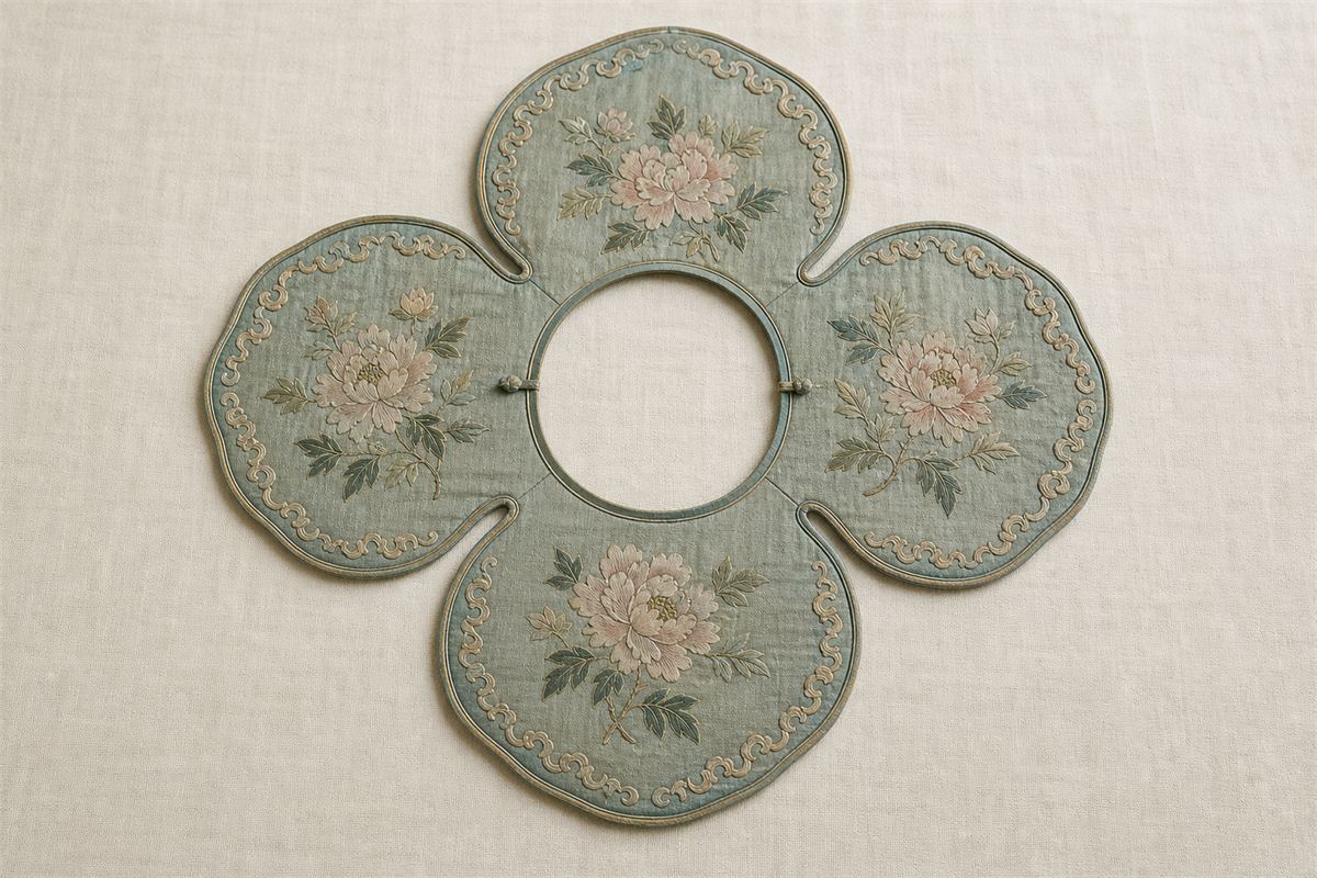 Four-lobed celadon silk cloud collar with floral embroidery and a narrow ruyi-head border