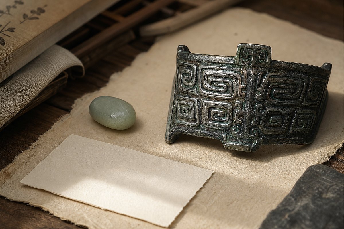 Bronze-like cloud thunder pattern sample with jade pebble on handmade paper