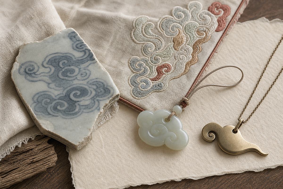 Porcelain, embroidered textile, jade charm, and modern pendant with cloud motifs