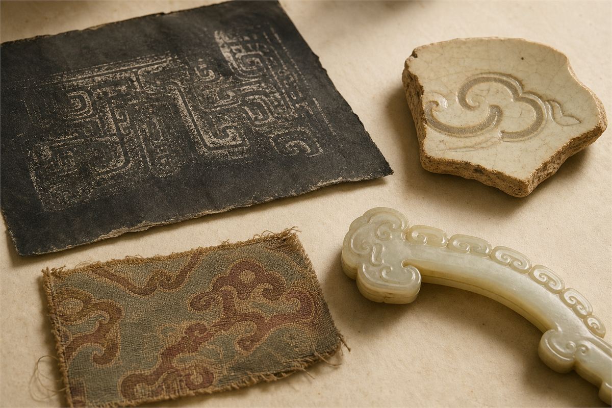 Separated bronze rubbing, ceramic sherd, silk fragment, and jade border with different cloud-related designs