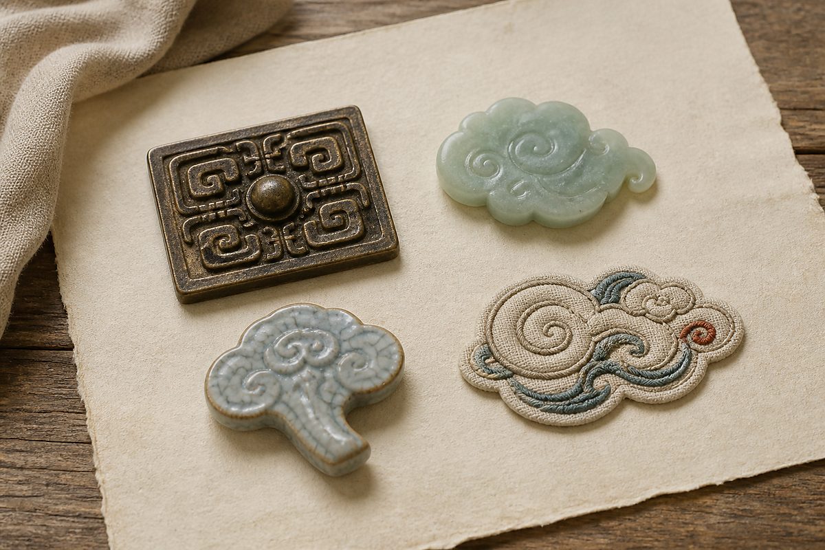 Bronze, jade, ceramic, and textile samples showing different cloud pattern forms