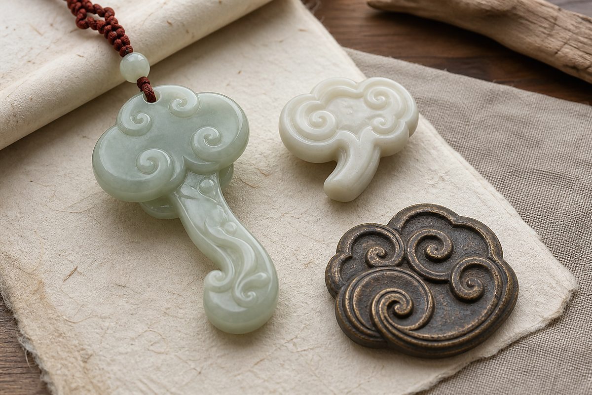Jade Ruyi cloud pendant, Lingzhi-like cloud token, and bronze cloud thunder sample