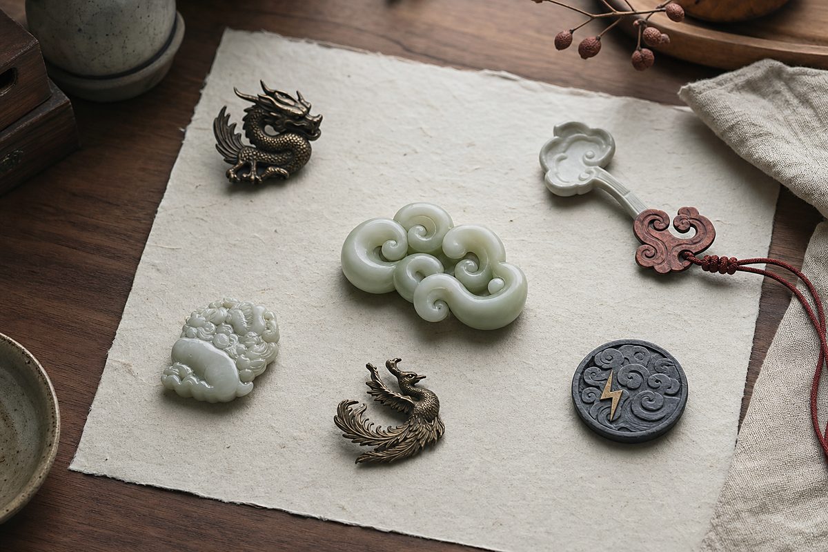 Central jade cloud ornament with separate dragon, phoenix, Ruyi, jade, and cloud thunder motif tokens