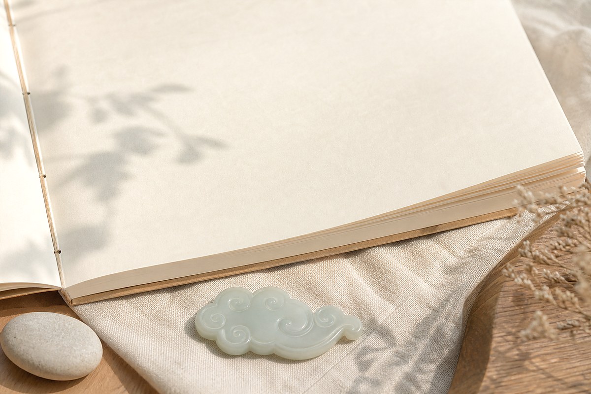 Minimal jade cloud ornament on blank notebook pages and handmade paper